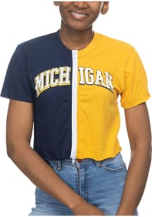 Michigan Wolverines Womens Navy Blue Crop Colorblock Zipper Short Sleeve T-Shirt