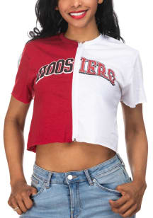 Indiana Hoosiers Womens Crimson Crop Colorblock Zipper Short Sleeve T-Shirt