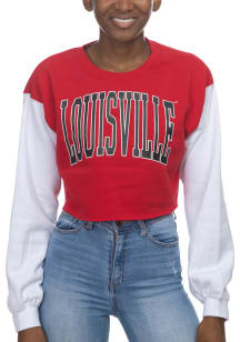 Louisville Cardinals Womens White Crop Colorblock Sleeve Crew Sweatshirt
