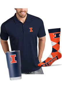 Mens Navy Blue Illinois Fighting Illini Dad Gift Set Short Sleeve Polo Shirt