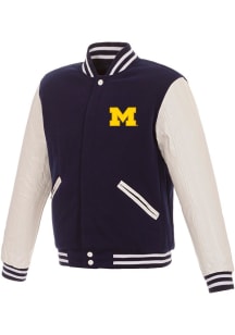 Mens Navy Blue Michigan Wolverines Reversible Fleece and Faux Leather Medium Weight Jacket