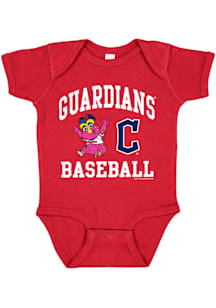 Soft As A Grape Slider Cleveland Guardians Baby Red Arched Wordmark Baby Mascot Short Sleeve One P..
