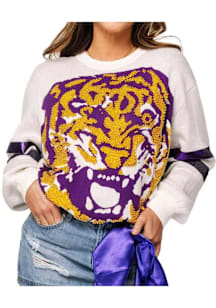 Queen of Sparkles LSU Tigers Womens White Rhinestone and Pearl Big Mascot Long Sleeve Sweater