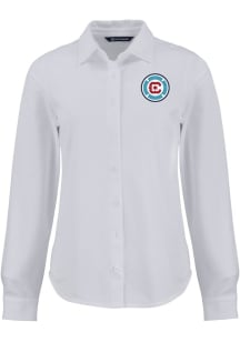 Cutter and Buck Chicago Fire Womens Advantage Soft Pique Long Sleeve White Dress Shirt