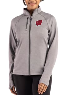 Womens Wisconsin Badgers Graphite Cutter and Buck Peshastin Long Sleeve Full Zip Jacket