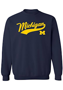 Michigan Wolverines Mens Navy Blue Baseball Jersey Script Long Sleeve Crew Sweatshirt