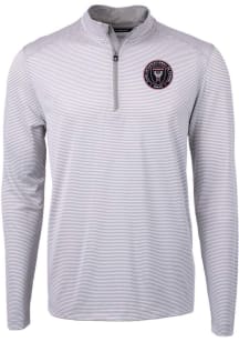 Cutter and Buck Inter Miami CF Mens Grey Virtue Eco Pique Micro Stripe Long Sleeve Qtr Zip Pullove..