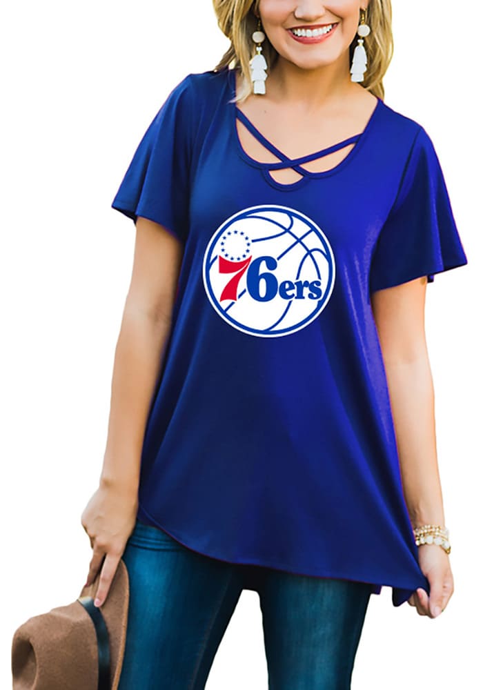 Gameday Couture Philadelphia 76ers Womens Blue Cross the Line Scoop Neck Short Sleeve T-Shirt