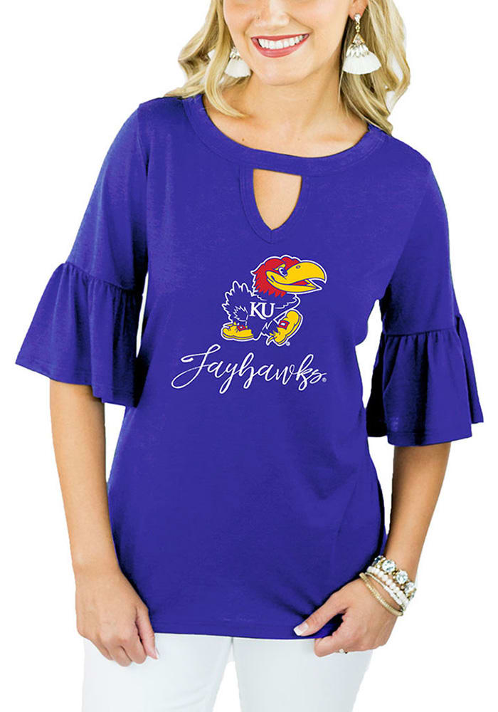 Gameday Couture Kansas Jayhawks Womens Blue Ruffle and Ready Key Hole Neck Short Sleeve T-Shirt