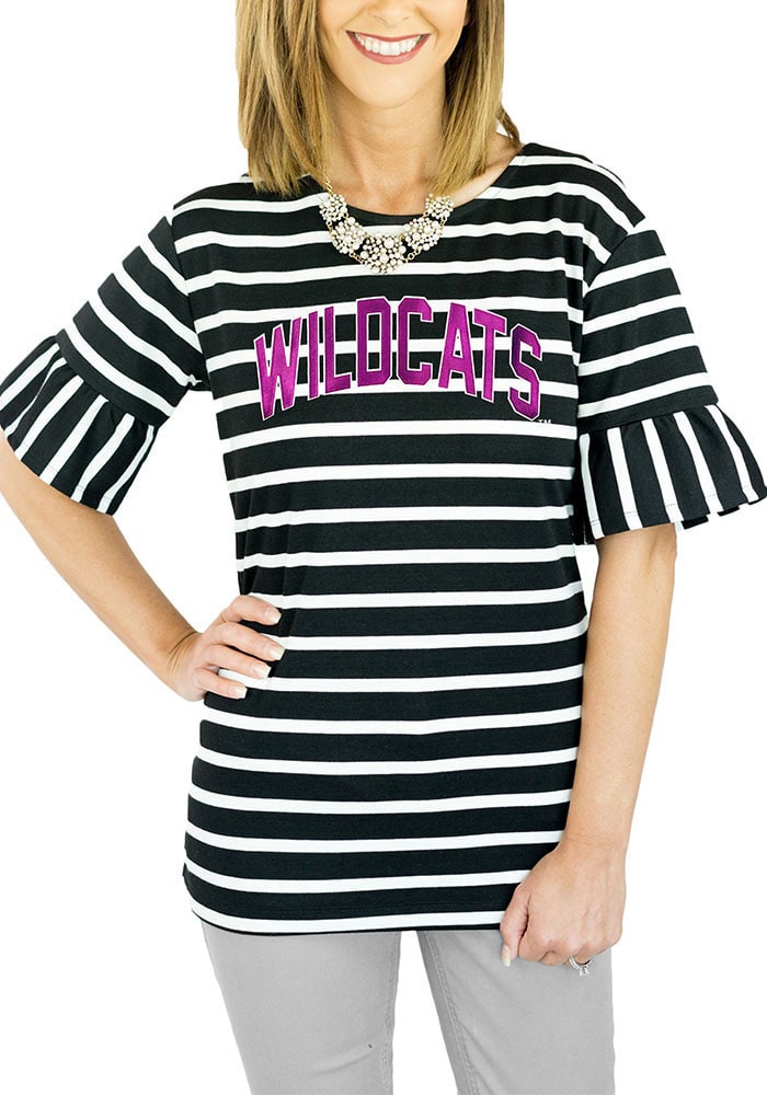 Gameday Couture K-State Wildcats Womens Black Saved by the Bell Striped Ruffle Short Sleeve T-Shirt