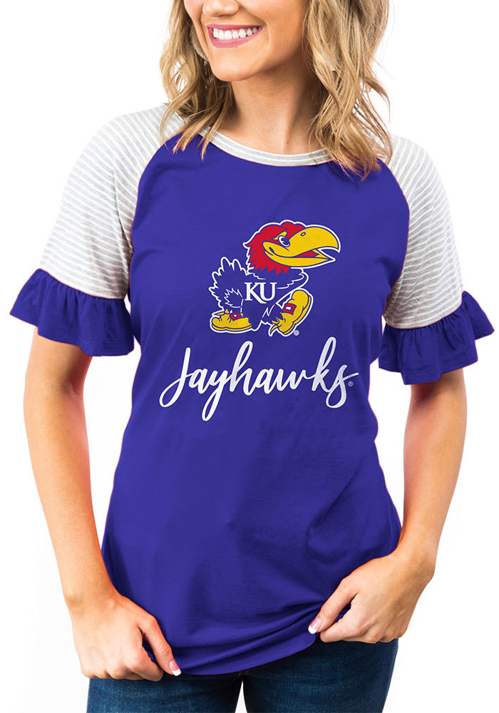 Gameday Couture Kansas Jayhawks Womens Blue Twist It Up Ruffle Sleeve Short Sleeve T-Shirt