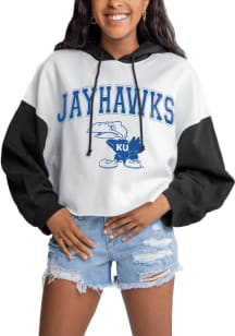 Gameday Couture Kansas Jayhawks Womens White Good Time Drop Shoulder Colorblock Crop Hooded Swea..