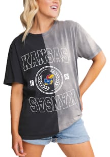 Gameday Couture Kansas Jayhawks Womens Navy Blue Crossroads Split Bleach Dye Short Sleeve T-Shir..