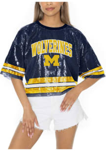 Michigan Wolverines Womens Gameday Couture Own the Game Sequins Fashion Football Jersey - Navy B..