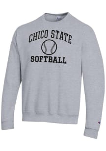 Champion CSU Chico Wildcats Mens Grey Softball Powerblend Long Sleeve Crew Sweatshirt
