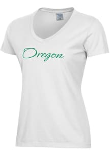 Womens Oregon Ducks White ComfortWash Script Name Garment Dyed Short Sleeve T-Shirt