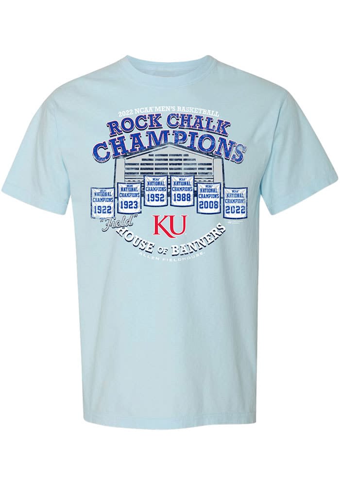 Ultimate Athletic Sportswear Kansas Jayhawks Women's Light Blue 2022 National Champions Banners Short Sleeve T-Shirt, Light Blue, 100% Cotton, Size 2XL, Rally House