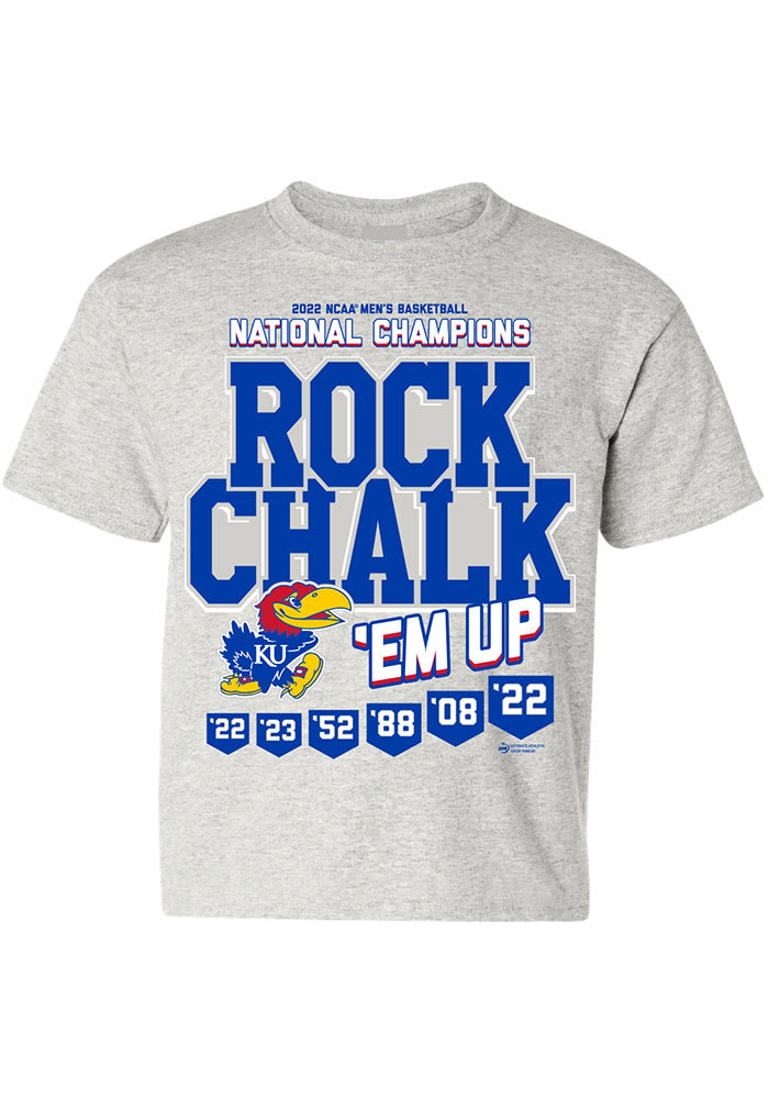 Kansas Jayhawks Youth Grey 2022 National Champions Rock Chalk Em Short Sleeve T-Shirt