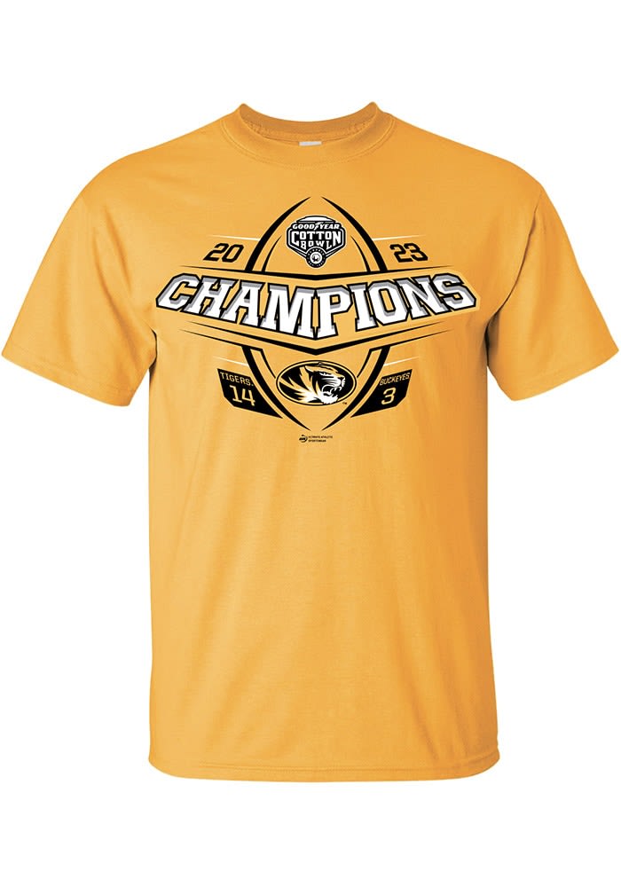 Missouri Tigers GOLD 2023 Cotton Bowl Champions Score Short Sleeve T Shirt