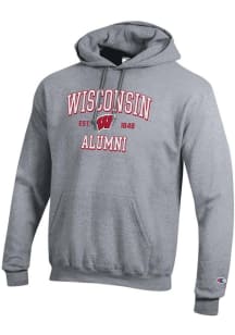 Mens Wisconsin Badgers Grey Champion Est Alumni Powerblend Hooded Sweatshirt