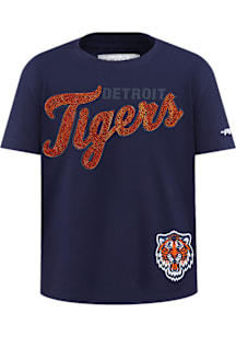 Pro Standard Detroit Tigers Girls Navy Blue Rhinestone Wordmark Short Sleeve Fashion T-Shirt