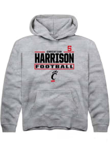 Christian Harrison Rally Youth Grey Cincinnati Bearcats NIL Stacked Box Long Sleeve Player Hoodie