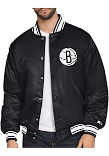 Starter Brooklyn Nets Mens Black Triangle Satin Varisty Medium Weight Jacket