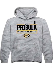 Beau Pribula Rally Missouri Tigers Youth NIL Stacked Box Long Sleeve Player Hoodie Grey