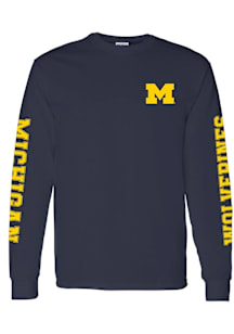 Michigan Wolverines Navy Blue Double Sleeve Print Long Sleeve T Shirt