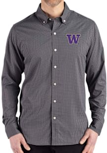 Mens Washington Huskies Black Cutter and Buck Gingham LS Woven Long Sleeve Dress Shirt