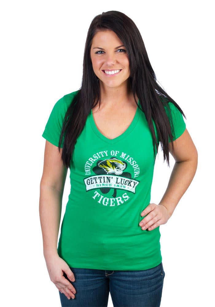 Missouri Tigers Juniors Green Gettin Lucky V-Neck T-Shirt