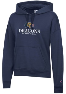 Womens Drexel Dragons Navy Blue Champion Mascot Stacked Powerblend Hooded Sweatshirt