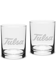 White Tulsa Golden Hurricane Hand Etched Set Rock Glass