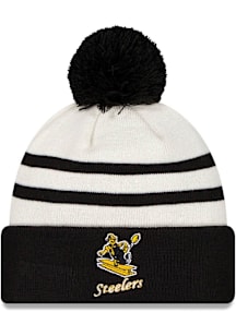 New Era Pittsburgh Steelers White Retro Double Crown Stripe Cuff Pom Mens Knit Hat