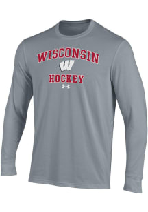 Mens Wisconsin Badgers Grey Under Armour Hockey Performance Tee