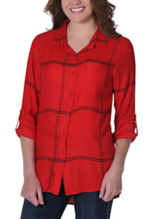 Kansas City Chiefs Womens Satin Plaid Boyfriend Long Sleeve Red Dress Shirt