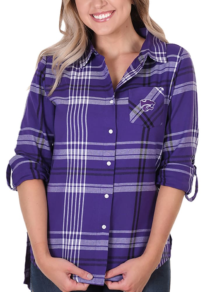 K-State Wildcats Womens Boyfriend Plaid Long Sleeve Purple Dress Shirt