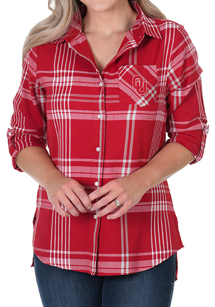 Oklahoma Sooners Womens Boyfriend Plaid Long Sleeve Crimson Dress Shirt