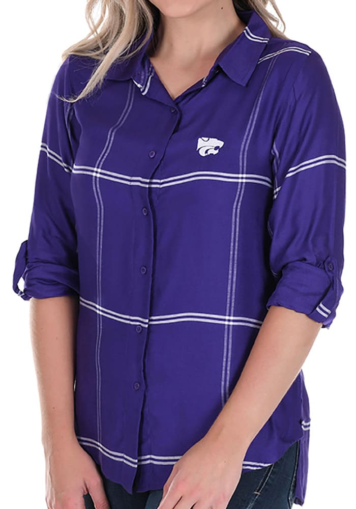 K-State Wildcats Womens Satin Boyfriend Plaid Long Sleeve Purple Dress Shirt