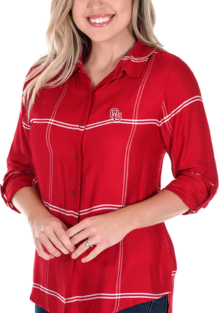 Oklahoma Sooners Womens Satin Boyfriend Plaid Long Sleeve Crimson Dress Shirt