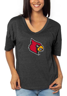 Louisville Cardinals Womens Black V Happy Jersey Short Sleeve T-Shirt