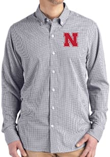 Cutter and Buck Nebraska Cornhuskers Mens Black Gingham LS Woven Long Sleeve Dress Shirt