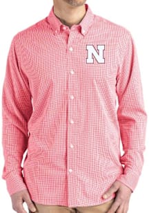Cutter and Buck Nebraska Cornhuskers Mens Red Gingham LS Woven Long Sleeve Dress Shirt