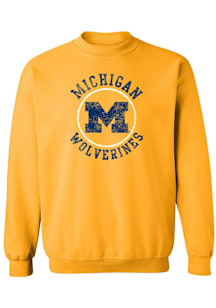 Michigan Wolverines Mens Yellow Distressed Circle Logo Long Sleeve Crew Sweatshirt