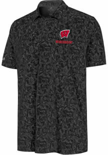 Mens Wisconsin Badgers Black Antigua Lush Short Sleeve Polo Shirt