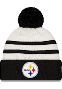 New Era Pittsburgh Steelers White Double Crown Stripe Cuff Pom Mens Knit Hat
