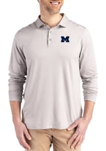 Mens Michigan Wolverines Grey Cutter and Buck Coastline Long Sleeve Polo Shirt