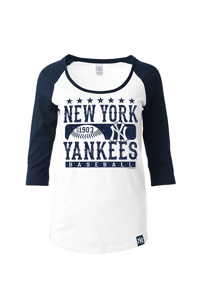NY Yankees Womens White Athletic Long Sleeve Scoop Neck