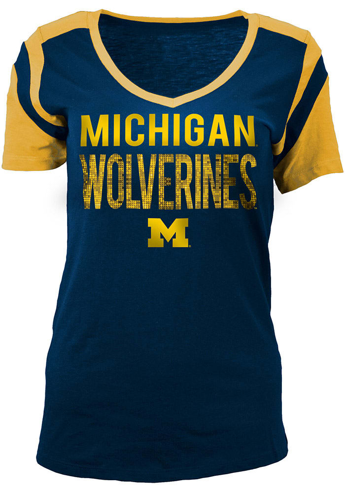 Michigan Wolverines Womens Navy Blue Slub V-Neck T-Shirt