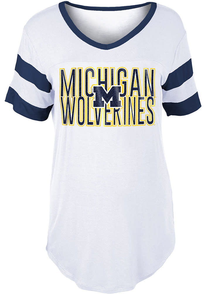 Michigan Wolverines Womens White Boyfriend Sleeve Stripes Short Sleeve T-Shirt